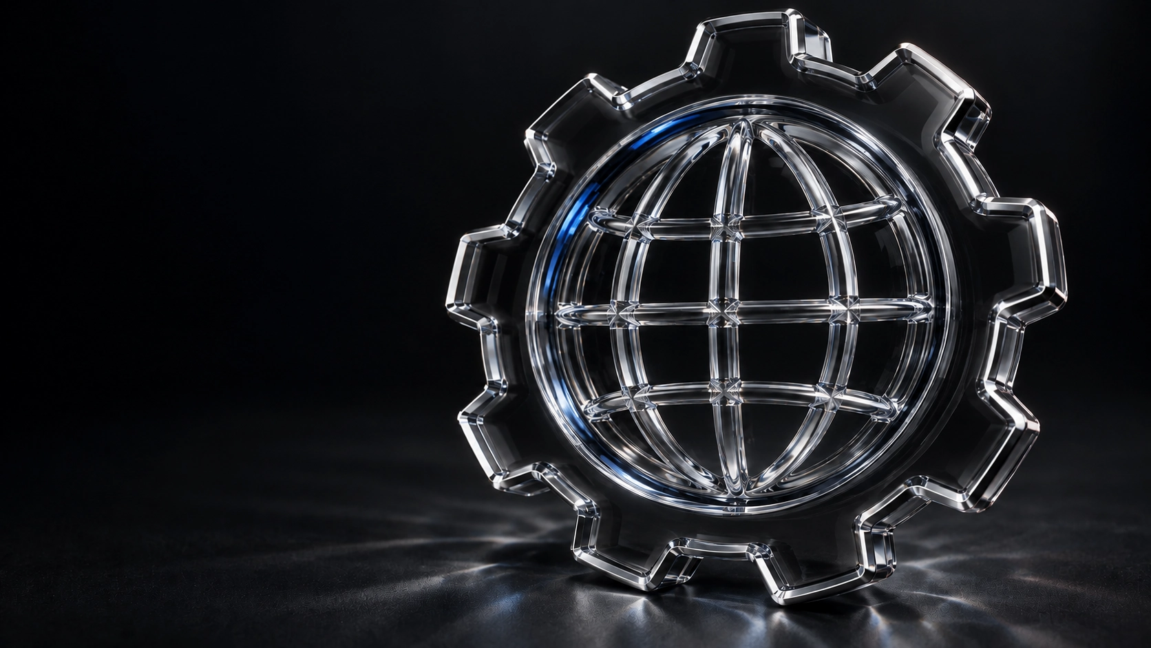 GlobalTech-Ai’s globe and gear sculpted in optical glass, silver and cobalt
